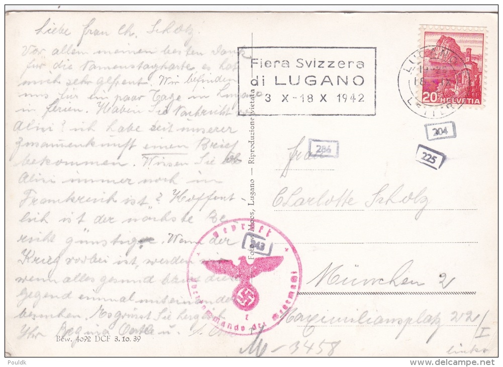 Censored Cover: Switzerland Postcard P/m Lugano 18.9.1942 Posted To München Germany And Censored By Germans - Cachet  (G - Militaria