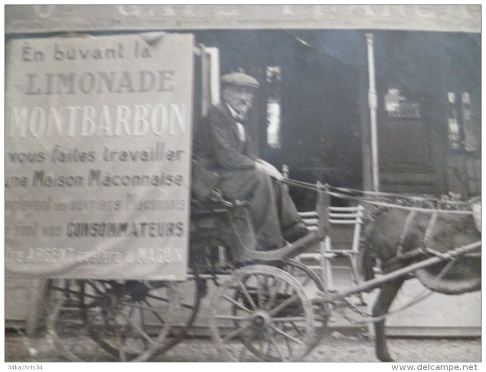 Carte Photo Pub Macon Limonade Montbarbon Mauvaise état Mais Rarissime Attelage D´âne Devant Le Grand Café Français - Macon