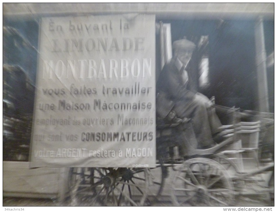 Carte Photo Pub Macon Limonade Montbarbon Mauvaise état Mais Rarissime Attelage D´âne Devant Le Grand Café Français - Macon