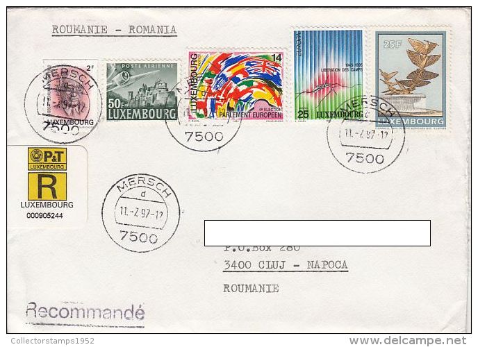 25581- ROBERT SCHUMAN, CASTLE, PLANE, EUROPEAN PARLIAMENT, FREEDOM AND PEACE, STAMPS ON REGISTERED COVER,1997,LUXEMBOURG - Brieven En Documenten