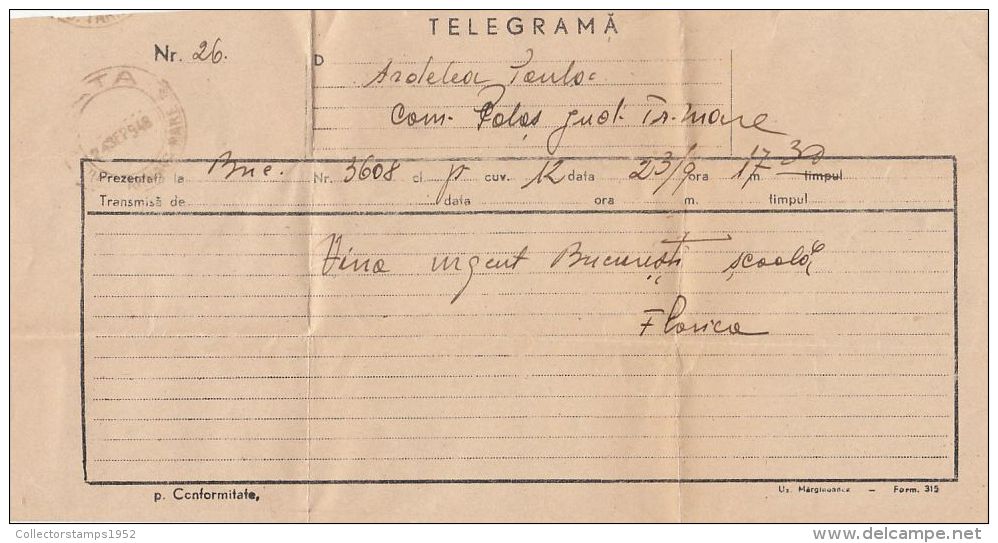 2583FM- TELEGRAMME SENT FROM BUCHAREST TO PALOS, 1948, ROMANIA - Télégraphes