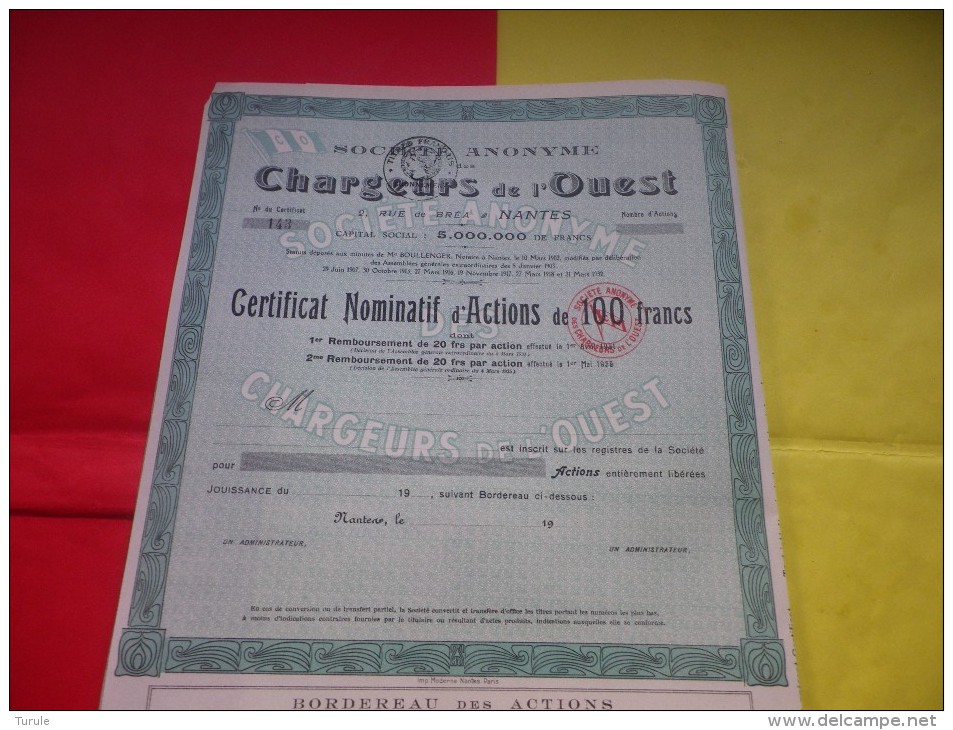 CHARGEURS DE L´OUEST (certificat) Nantes , Loire Atlantique - Other & Unclassified