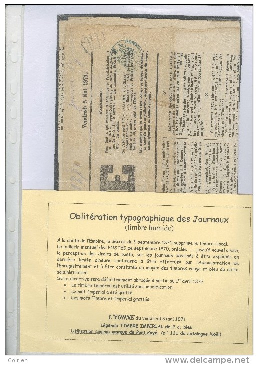 Ref Noël - Marque Por Payé 2 C. Bleu Timbre Humide Après Chute Empire -Timbre Impérial Non Grattées Journal L'Yonne - Journaux