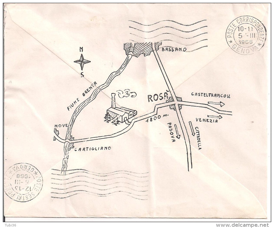 BIZZOTTO,COTONIFICIO, ROSA,BUSTA COMMERCIALE VIAGGIATA 1968,AL VERSO MAPPA, POSTE BASSANO DEL GRAPPA,FERMI 50, - Documenti Storici