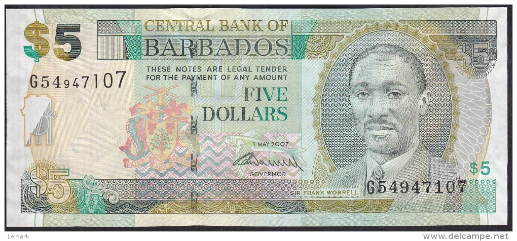 Barbados 5 Dollar 2007 P67b UNC - Barbados