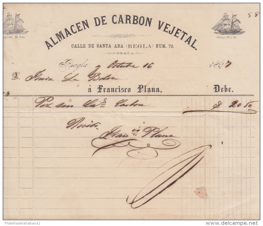 E4553 CUBA SPAIN ESPAÑA INVOICE1867. ALMACEN DE CARBON VEGETAL. SHIP. - Historical Documents