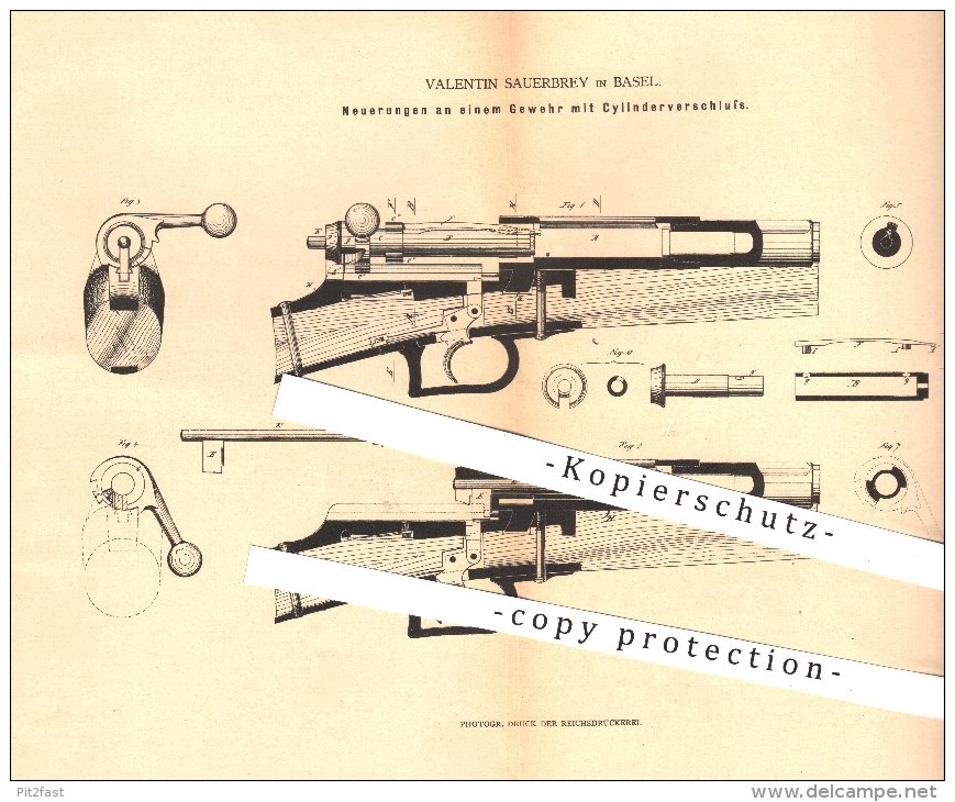 Original Patent - Valentin Sauerbrey In Basel , 1880 , Gewehr Mit Zylinderverschluss , Gewehre , Waffen , Geschosse !!! - 1914-18