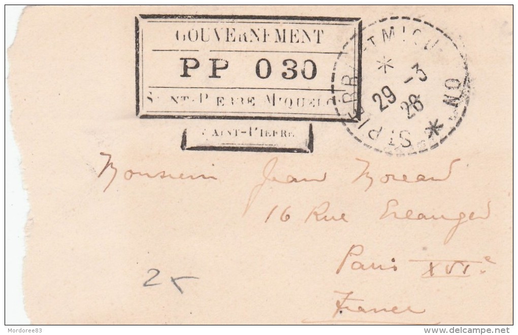 DEVANT DE LETTRE GOUVERNEMENT PP 030 SPM 29/3/26 POUR PARIS - Briefe U. Dokumente