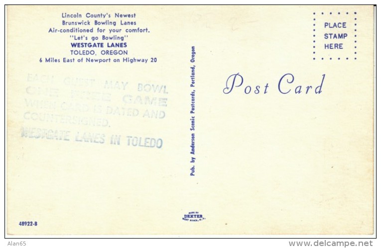 Toledo Oregon Westgate Lanes Bowling Alley, C1950s/60s Vintage Postcard - Boliche