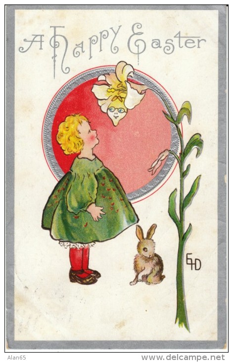 Easter Greetings, 'EHD' Ethel Dewees Artist Signed, Girl, Face In Flower, Rabbit, C1900s/10s Vintage Embossed Postcard - Pasqua