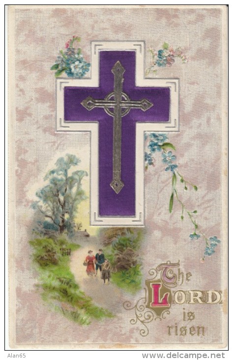'The Lord Is Risen' Purple 'Silk' Cross, Old Sunday School Message On Back, C1910s/50s Vintage Embossed Postcard - Other & Unclassified