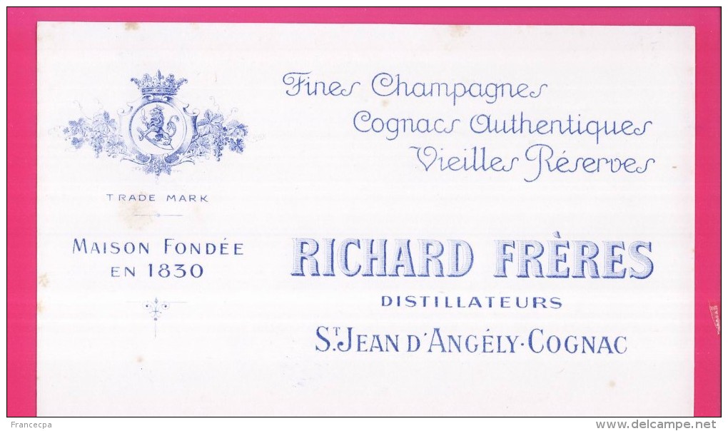 B147 - BUVARD -  Fines Champagnes - Cognac - RICHARD FRERES Distillateurs St. JEAN D'ANGELY-COGNAC - Liquor & Beer