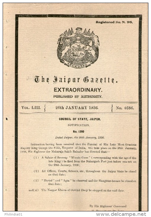 India JAIPUR Princely State 1936 King George V Death Extraordinary State Gazette Coat Of Arms Extremely Rare # B668 - Jaipur