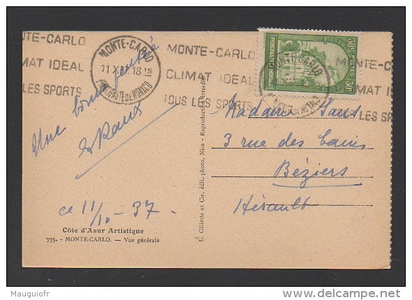 DF / MONACO / SUR CP / TP 122 RAVIN ET EGLISE STE DEVOTE / OBL. MONTE-CARLO 11 X 37 PRINCIPAUTE DE MONACO - Storia Postale