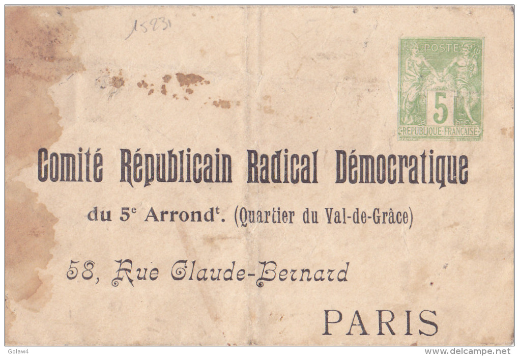 15231# SAGE ENTIER POSTAL REPIQUE COMITE REPUBLICAIN RADICAL DEMOCRATIQUE PARIS ENVELOPPE NEUVE PLIS ET TACHES - Buste Ristampe (ante 1955)