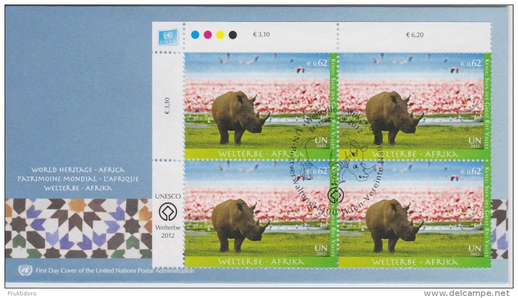 United Nations FDC Mi 756 UNESCO World Heritage - Kenya Great Rift Valley - Rhinoceros - 2012 - FDC