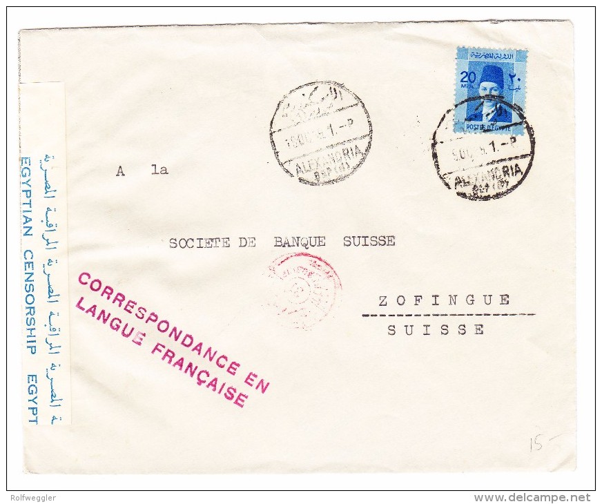 Ägypten - 19.10.1939 Alexandria Zensur Brief Nach Zofingen AG Roter Stempel Correspondance En Langue Française - Lettres & Documents