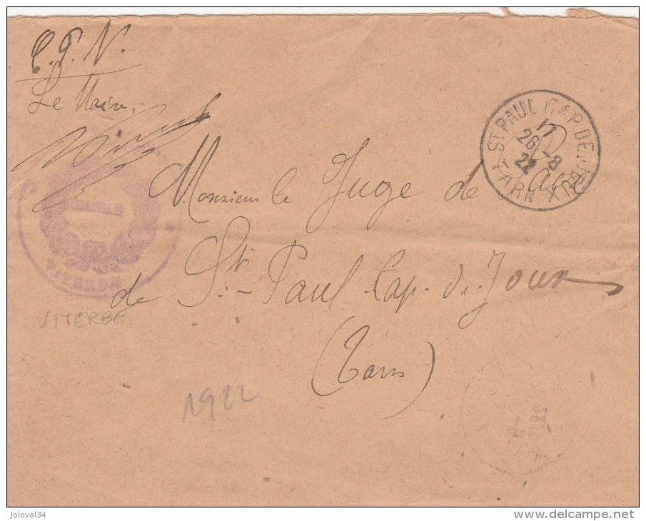 Lettre Franchise Cachet Mairie De VITERBE Tarn Pour ST PAUL CAP DE JOUX 26/8/1922 - Briefe U. Dokumente