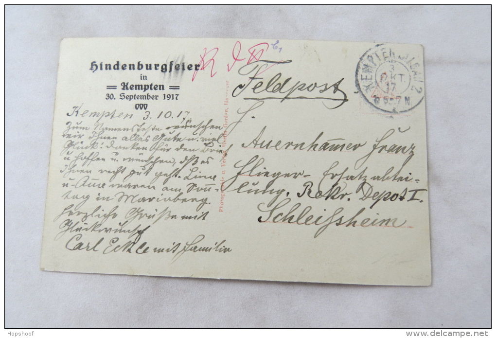 Pc Germany Feldpost Goerz Doppel-Anastigmat Dragor Hindenburgfeier Kempten 1917 - Autres & Non Classés