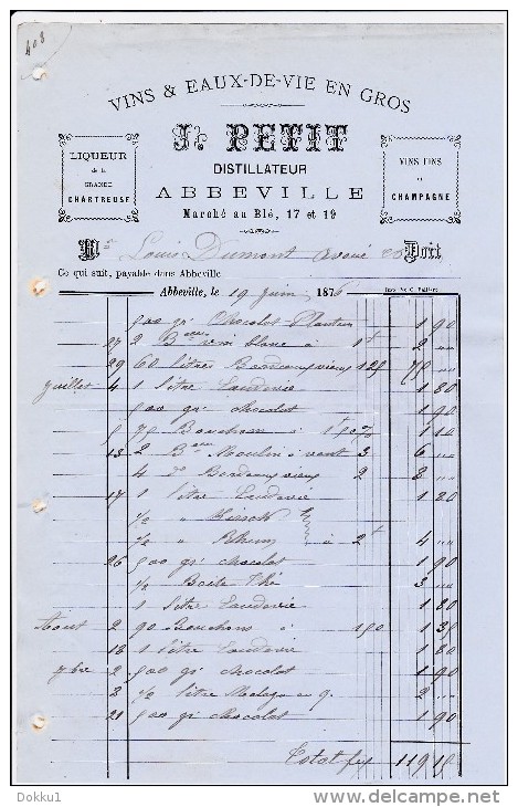 J. Petit - Vins & Eaux-de-vie En Gros, Distillateur - Abbeville, Facture 19 Juin 1876. - 1800 – 1899