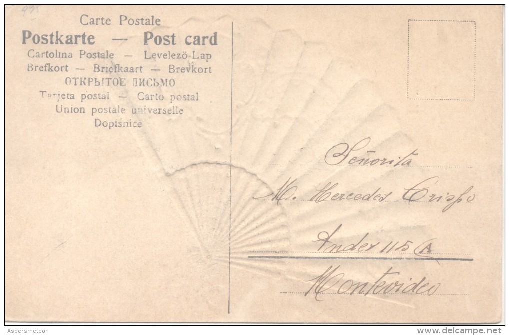 EVENTAIL FAN VENTILATOR ABANICO SEDA SOIE SILK CPA CIRCULEE 1906 FROM S.E. SANGUINETTI A MONTEVIDEO URUGUAY TOP CARTE - Altri & Non Classificati