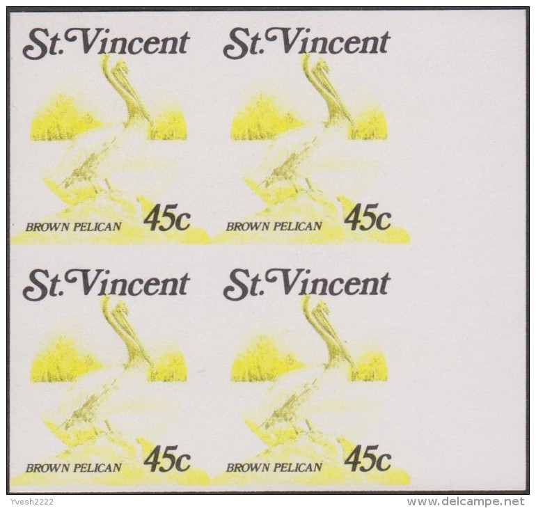 Saint Vincent 1988 Y&T 1054. Essais D´impression.  Cyan, Magenta, Cyan Et Magenta, Noir Et Jaune. Pélican - Pelicans