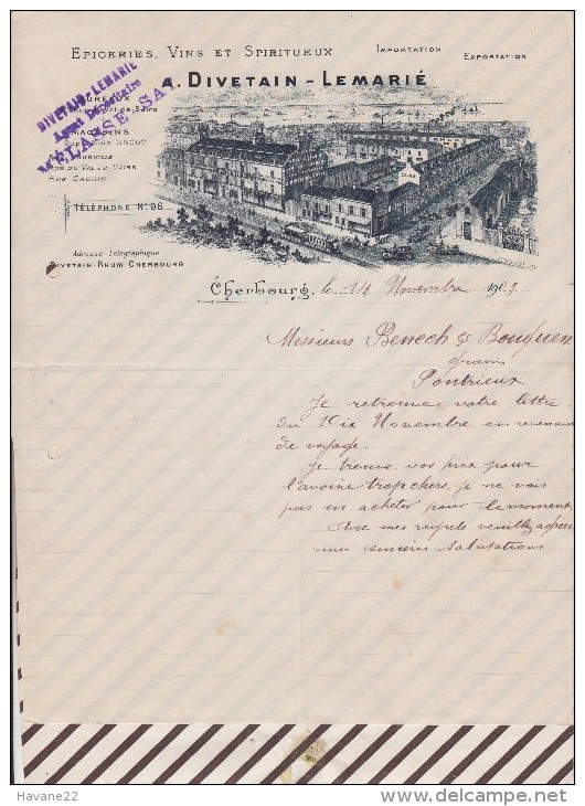 Facture / Courrier 1909 DIVETAIN LEMARIE CHERBOURG EPICERIES VINS SPIRITUEUX - 1900 – 1949