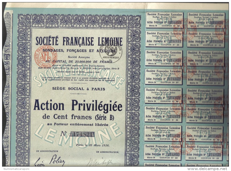 Societè Francaise Lemoine Action Privilegiee De 100 Francs 20 Mars 1926 DOC.129 - J - L