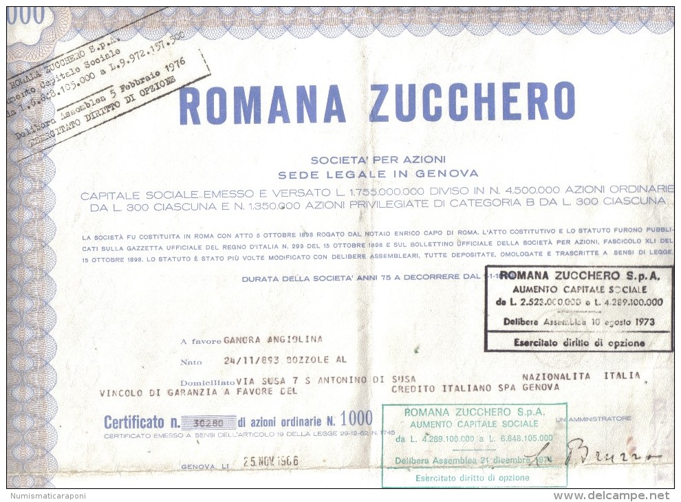 Romana Zucchero S.p.a. Certificato Azionario 1966 Doc.134 - P - R