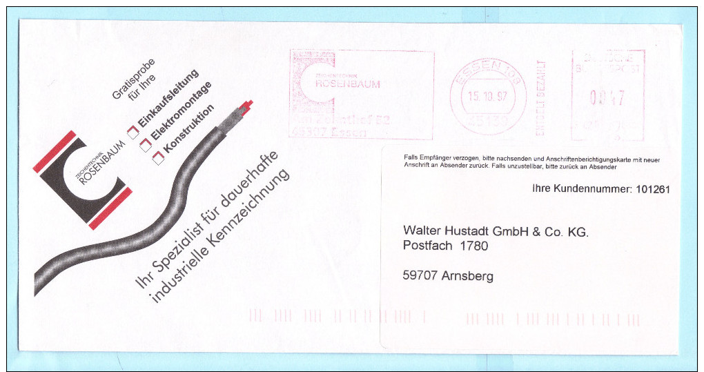 BUND BRD - AFS Freistempel Brief Meter Cover - 0047 - 15.10.1997 Essen - Rosenbaum Zeichentechnik(32305) - Maschinenstempel (EMA)