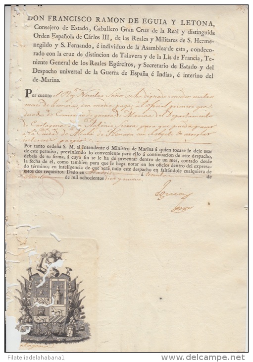 E4497 ESPAÑA SPAIN COAST OF ARMS. FAMILY EGIA Y LETON  DOC 1819. MADRID - Historical Documents