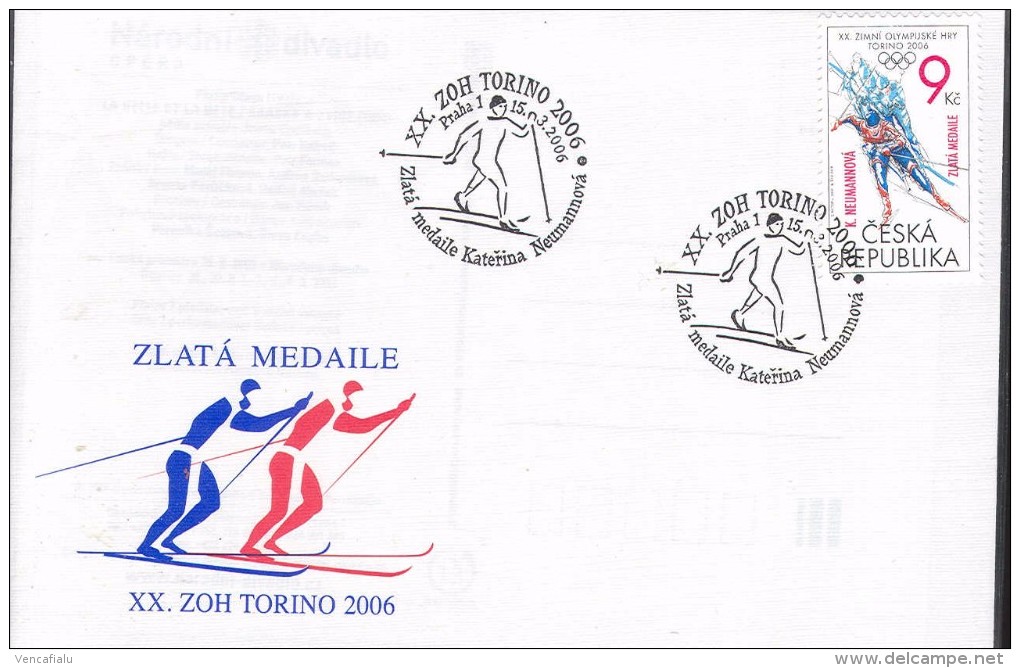 Czech Republic 2006 - Gold Medail K. Neumannova - Special Cancellation In Special Cover, Stamp With Additional Printing - Winter 2006: Torino