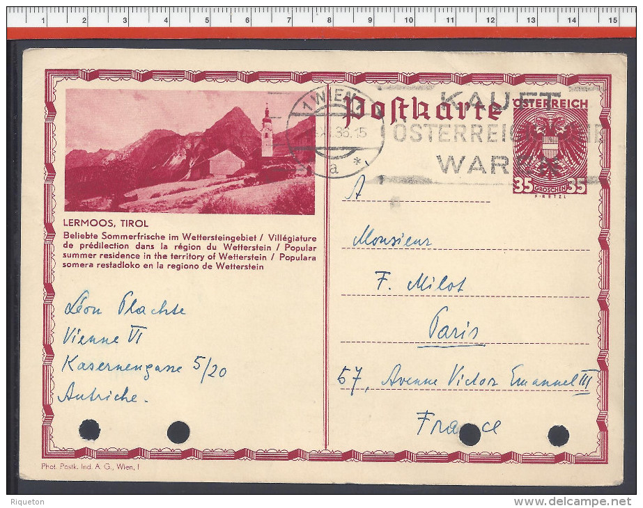 AUTRICHE - 1936 -  CARTER ENTIER POSTAL ILLUSTRE " LERMOOS, TIROL " DE VIENNE VERS PARIS - - Other & Unclassified