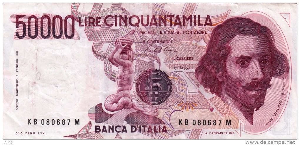 Banconota/Banconote-Monete-50.000 LIRE -BERNINI-SERIE KB 080687 M- Buona Conservazione-AUTENTICA AL 100%- 2 SCAN- - 50000 Liras