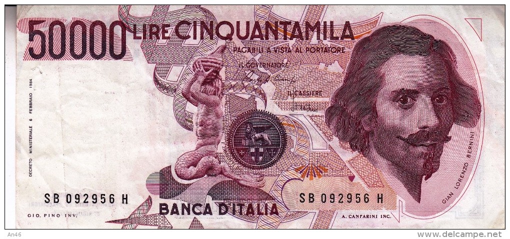 Banconota/Banconote-Monete- 50.00 LIRE -BERNINI-SERIE SB 092956 H-Buona Conservazione-AUTENTICO AL 100%- 2 SCAN- - 50000 Lire