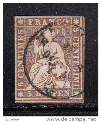 Switzerland Used Scott #25 5r Helvetia, Dark Brown, Black Thread - Design Cut In At Top - Used Stamps