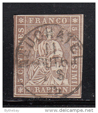 Switzerland Used Scott #36 5r Helvetia, Brown, Green Thread - Design Cut In, CDS Cancel - Used Stamps