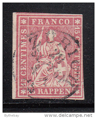 Switzerland Used Scott #38 15r Helvetia, Dark Rose, Green Thread - Design Cut Into, CDS Cancel - Used Stamps