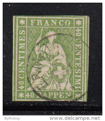 Switzerland Used Scott #40 40r Helvetia, Green, Green Thread - Design Cut Into, CDS Cancel - Used Stamps