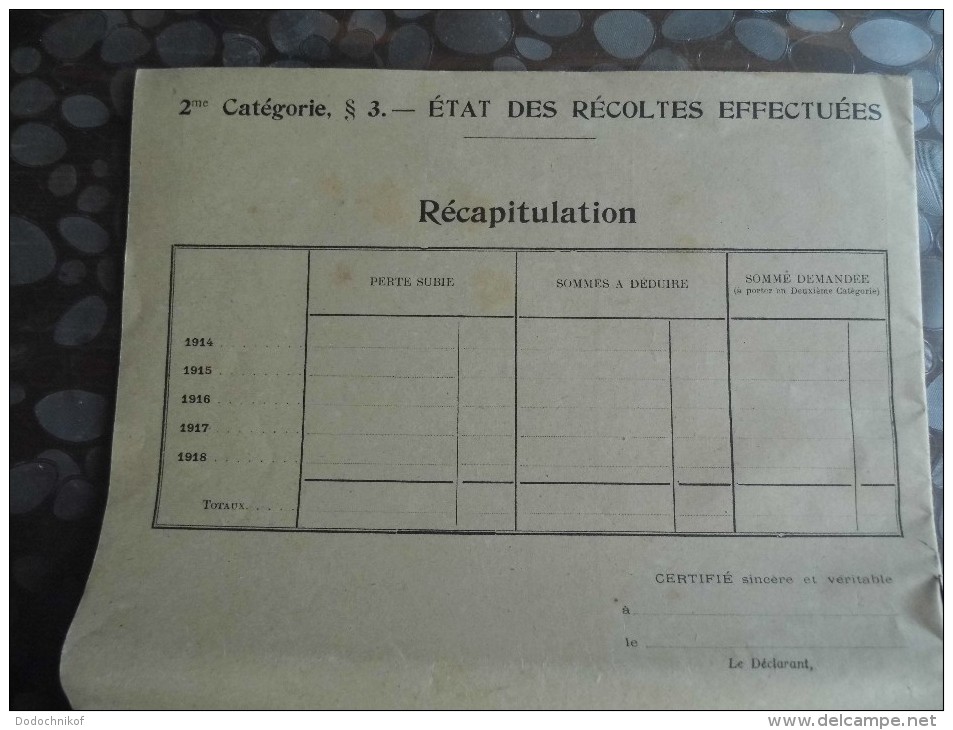 Etat Des Recoltes Effectuées Cultivateur- Office Agricole Du Cambresis - Cambrai - 1914-15-16-17-18  Doc Très Rare - Autres & Non Classés