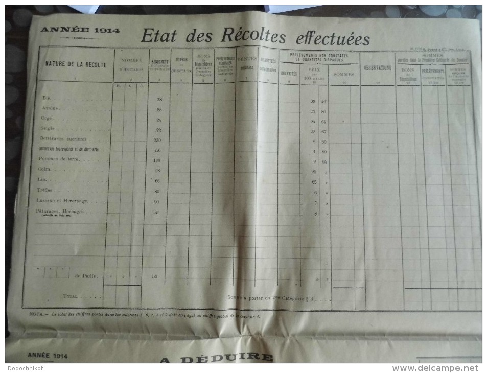 Etat Des Recoltes Effectuées Cultivateur- Office Agricole Du Cambresis - Cambrai - 1914-15-16-17-18  Doc Très Rare - Autres & Non Classés