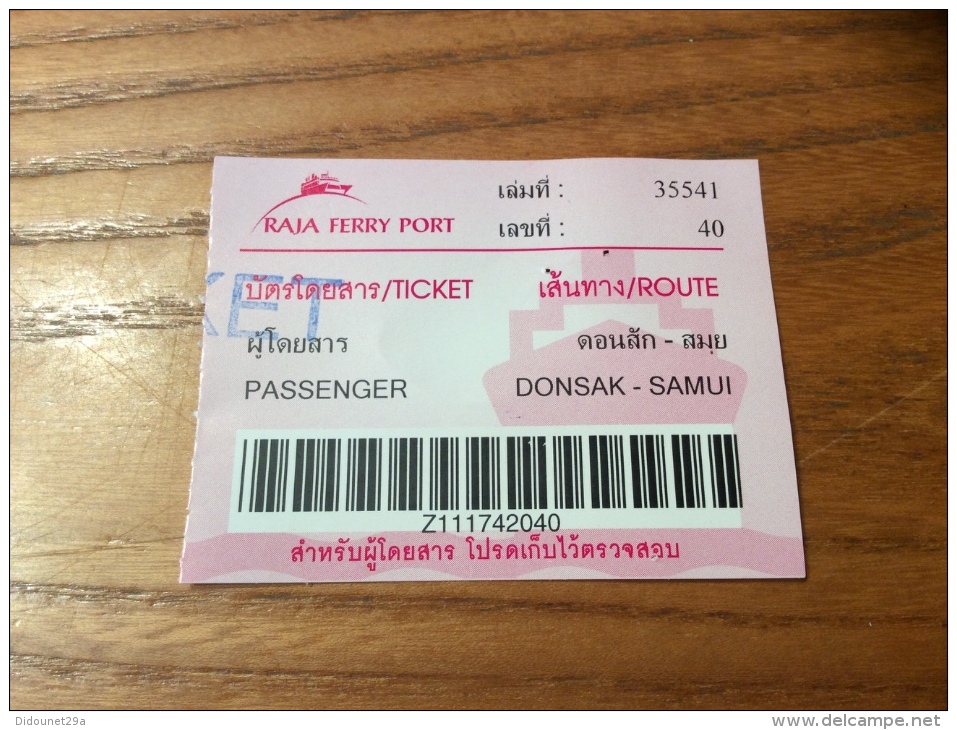 Ticket De Transport ** "RAJA FERRY PORT - DONSAK - SAMUI" Thaïlande - Monde