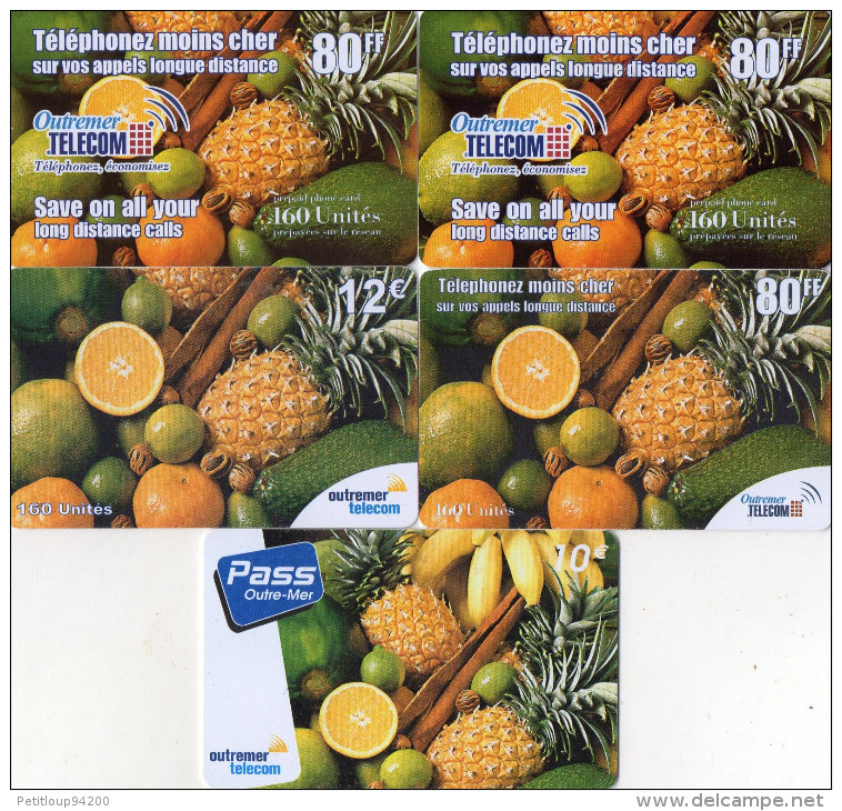 CARTES PREPAYEES  OUTREMER TELECOM  FRUITS  Ananas Oranges Bananes  80FF/80FF/80/12e/10e   (lot De 5)  4366 - Antillen (Französische)