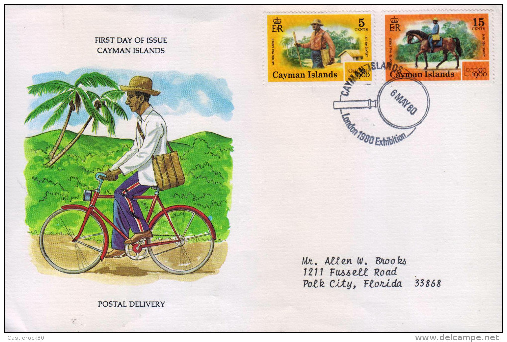 G)1980 CAYMAN ISLANDS, BICYCLE-HORSE, CYCLIST-WALKIG-MOUNTED MAIL CARRIER, FDC USED, XF - Caimán (Islas)
