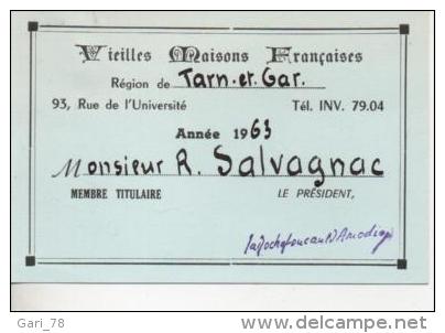 Carte De Membre Titulaire VIEILLES MAISONS FRANçAISES Région Tarn Et Garonne En 1963 - Autres Accessoires