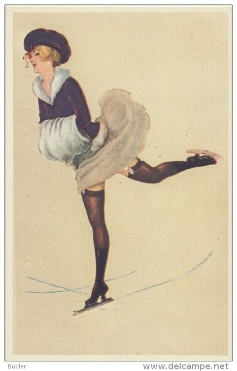 Illustration : FEMME Patinante -Style Art Nouveau-Reproduction D´une Carte Ancienne-Nieuwe Postkaart/Carte Postale Neuve - Patinage Artistique