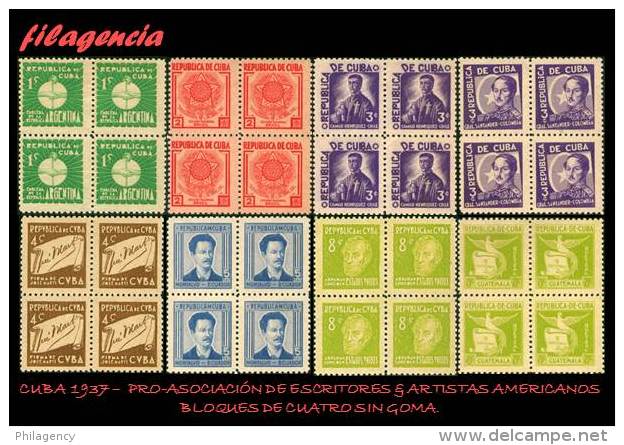 PIEZAS. CUBA. BLOQUES DE CUATRO. 1937-02 PRO ASOCIACIÓN ESCRITORES & ARTISTAS AMERICANOS. MNG - Unused Stamps