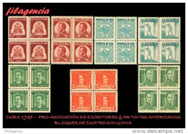 PIEZAS. CUBA. BLOQUES DE CUATRO. 1937-02 PRO ASOCIACIÓN ESCRITORES & ARTISTAS AMERICANOS. MNG - Unused Stamps
