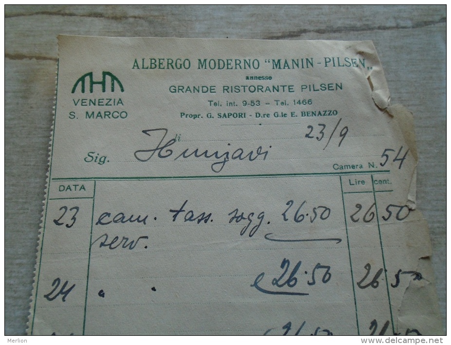 Italia  VENEZIA  S.Marco  Albergo Moderno Manin-Pilsen - Grande Ristorante Pilsen Invoice  - Franz Hunyady  1930s B166.4 - Italia