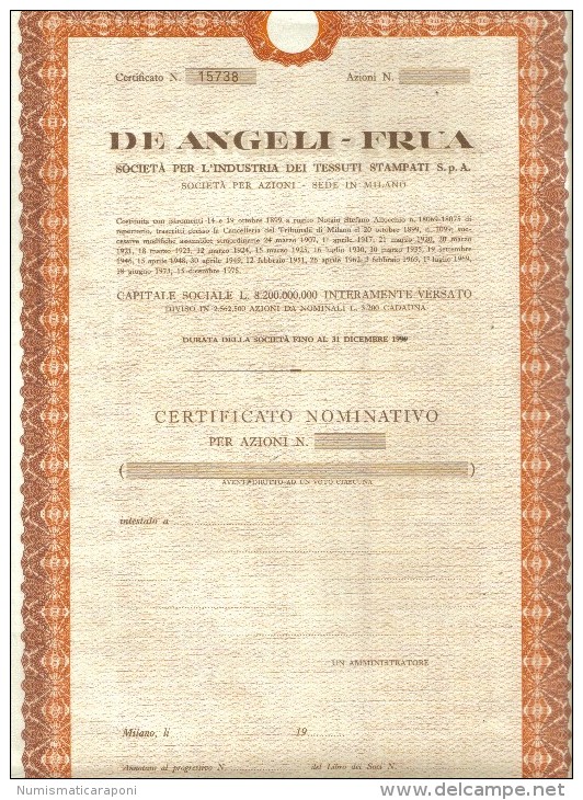 De Angeli - Frua Società Per Azioni Certificato Nominativo  Doc.267 - D - F